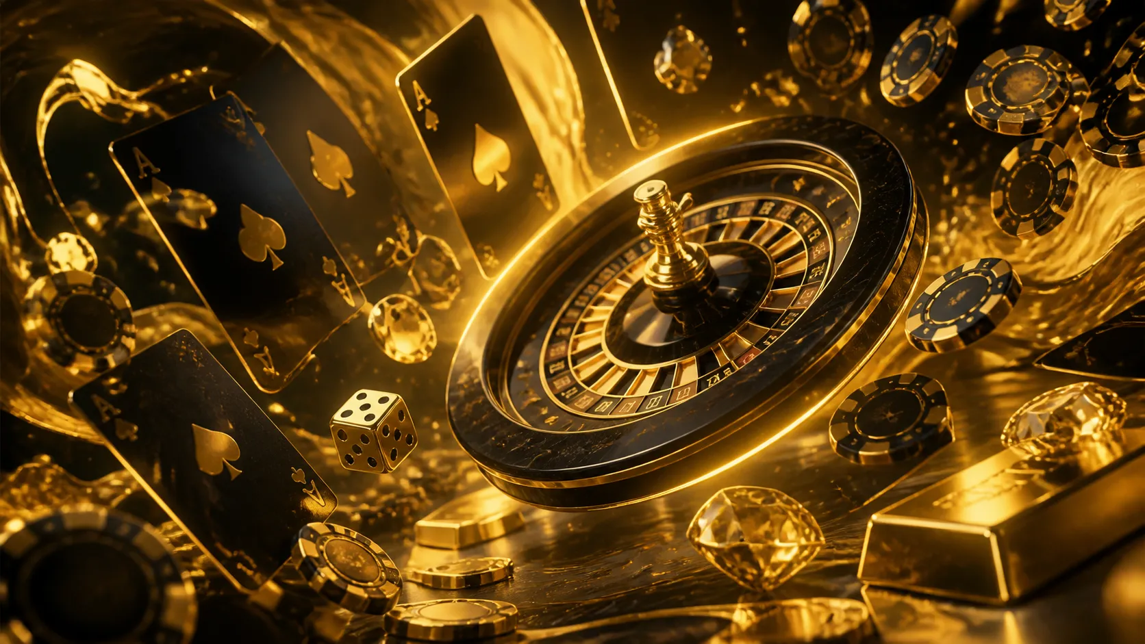 Stunning online casino hero banner for Maximalbet, featuring a luxurious mix of metallic hues and dynamic casino items like f